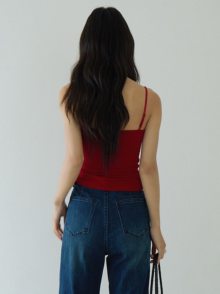 Slim-Fit Low-Neck Padded Spaghetti Strap Tank Top