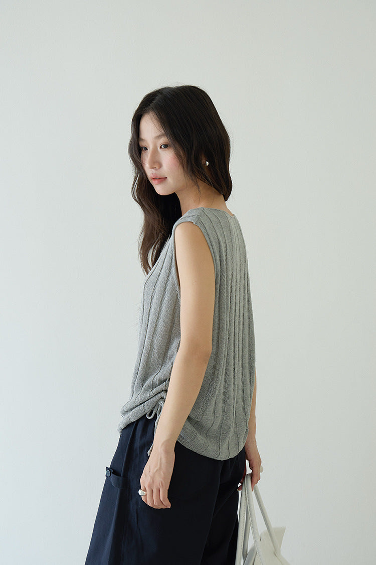 Drawstring Waist Sleeveless Knit Top