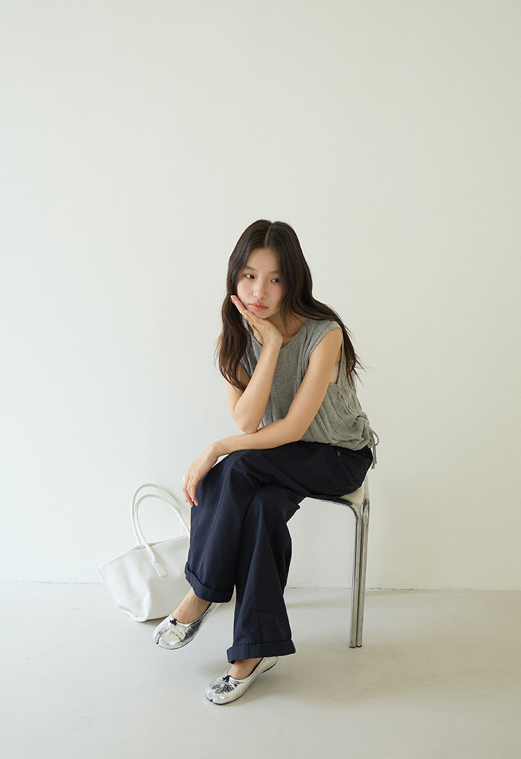 Drawstring Waist Sleeveless Knit Top