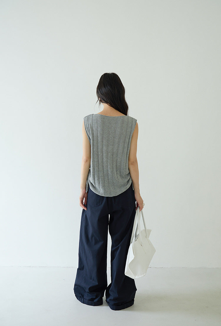 Drawstring Waist Sleeveless Knit Top