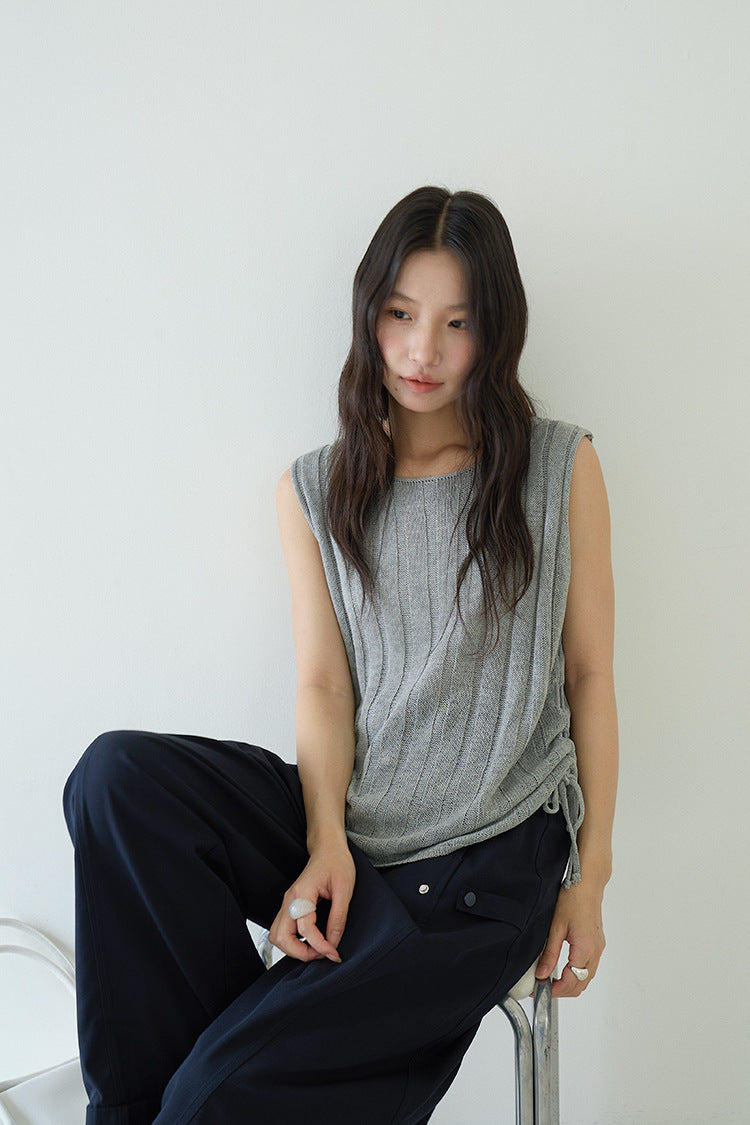 Drawstring Waist Sleeveless Knit Top