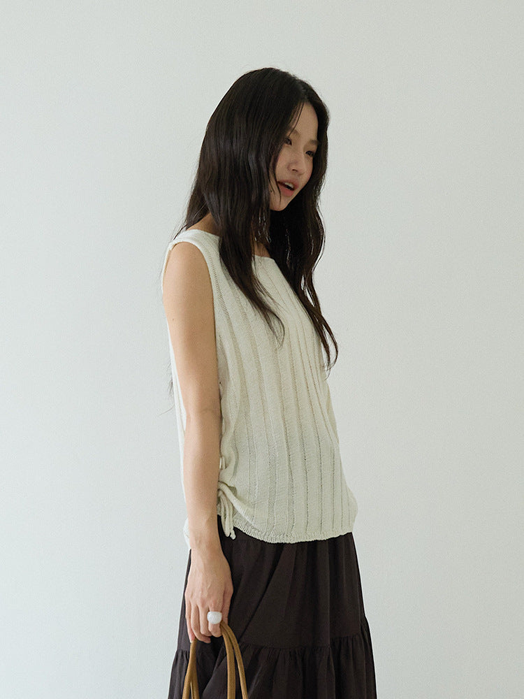 Drawstring Waist Sleeveless Knit Top
