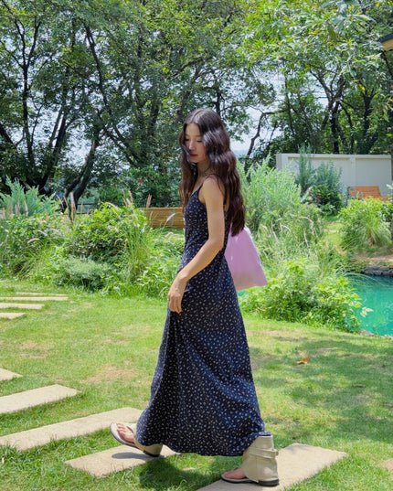 Vintage Floral Spaghetti Strap Lace-Trim Midi Dress