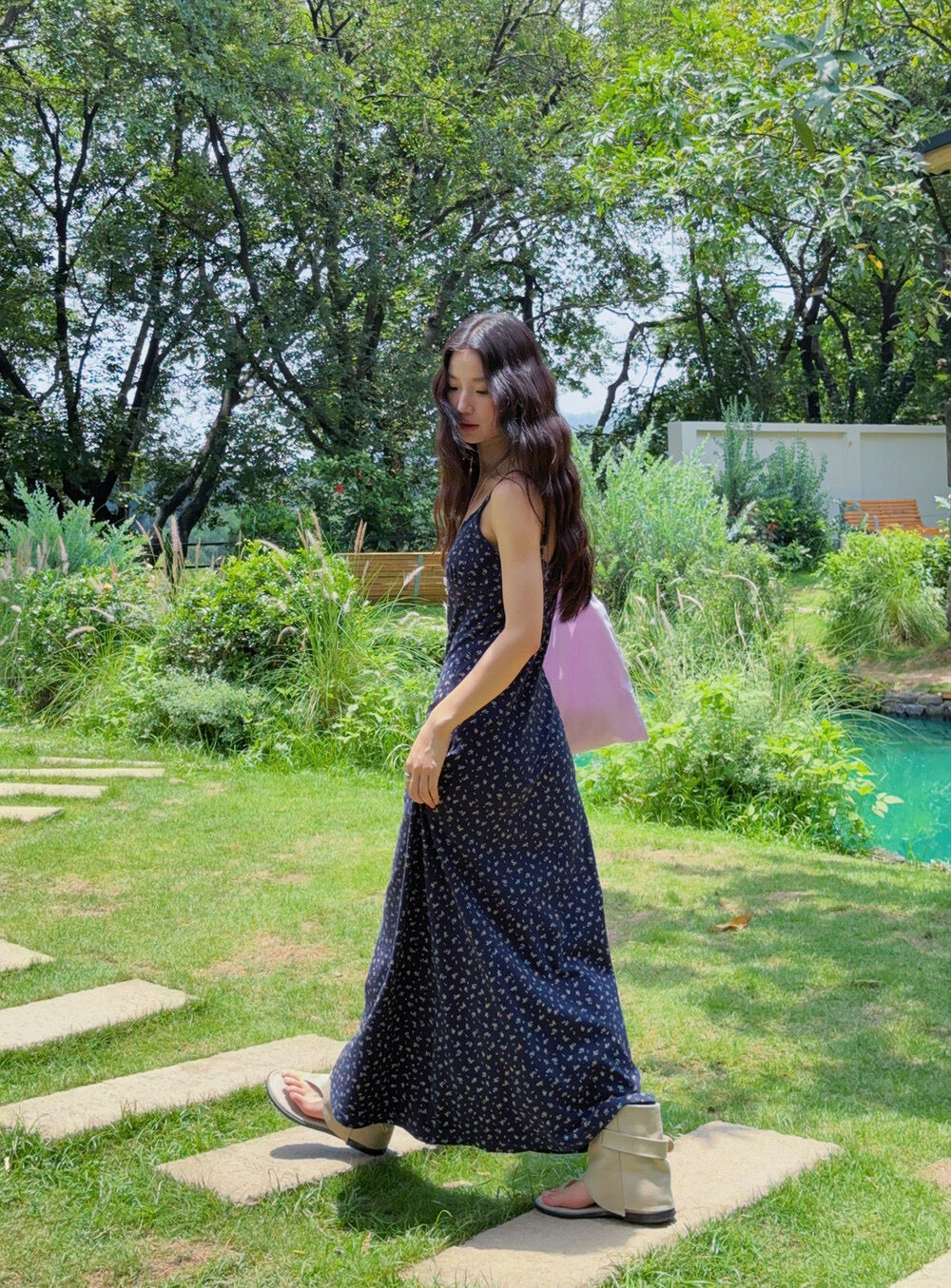 Vintage Floral Spaghetti Strap Lace-Trim Midi Dress