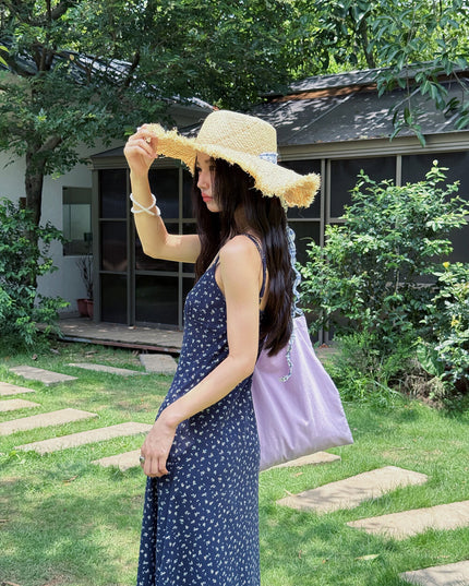 Vintage Floral Spaghetti Strap Lace-Trim Midi Dress