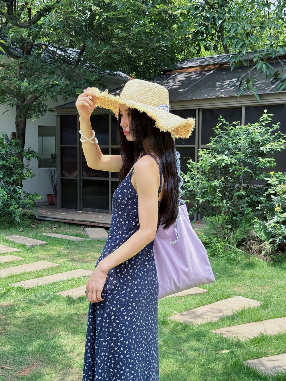 Vintage Floral Spaghetti Strap Lace-Trim Midi Dress