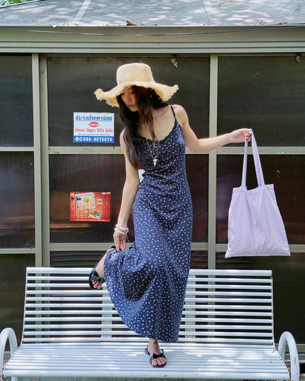 Vintage Floral Spaghetti Strap Lace-Trim Midi Dress