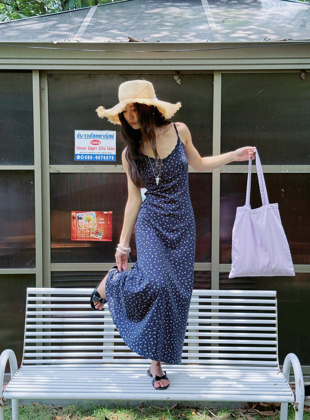 Vintage Floral Spaghetti Strap Lace-Trim Midi Dress