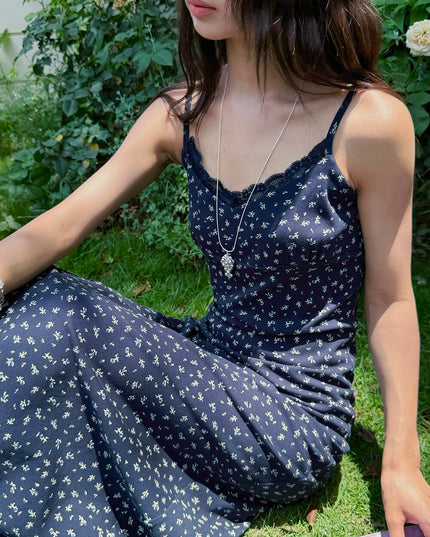 Vintage Floral Spaghetti Strap Lace-Trim Midi Dress