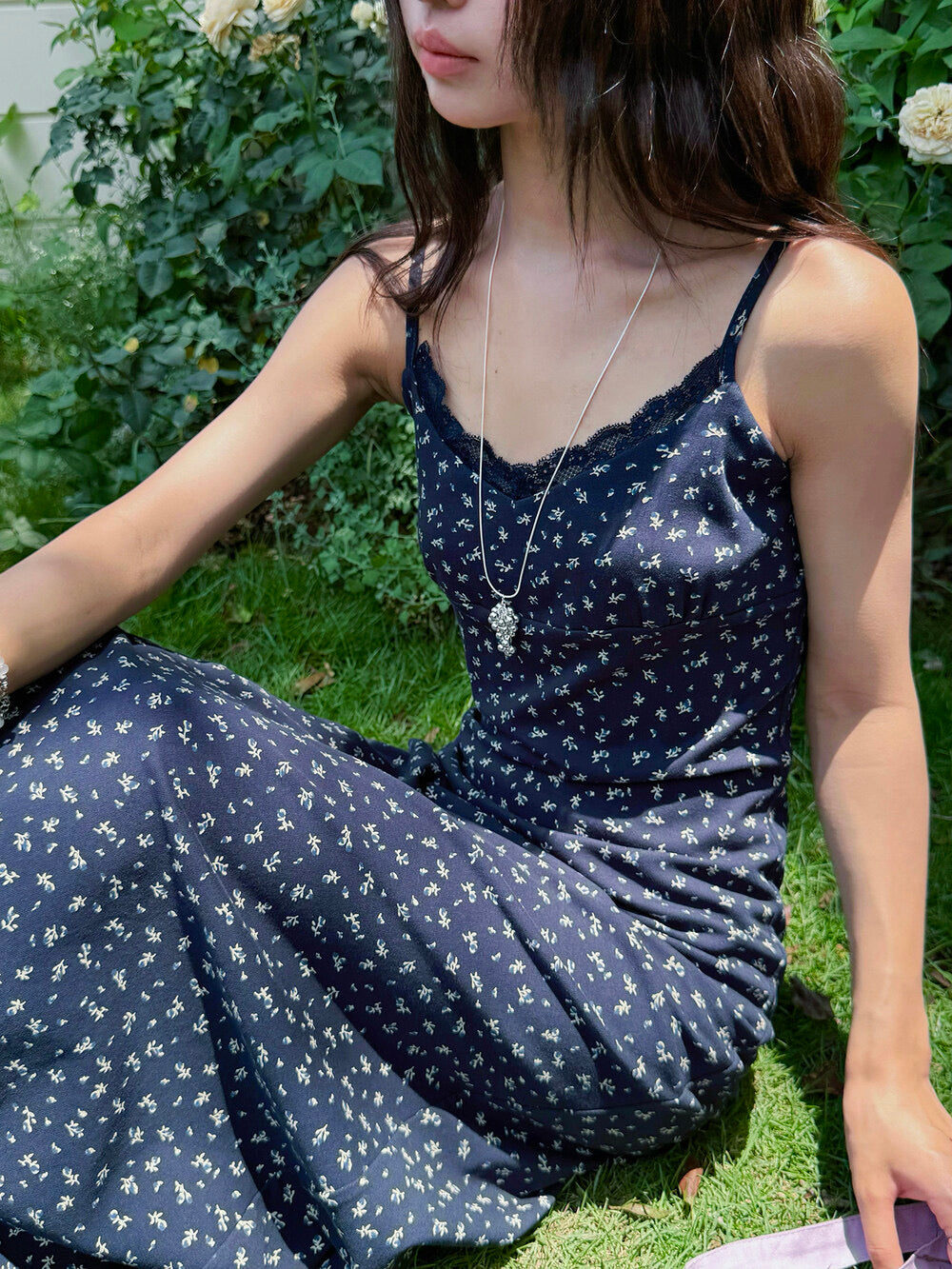 Vintage Floral Spaghetti Strap Lace-Trim Midi Dress