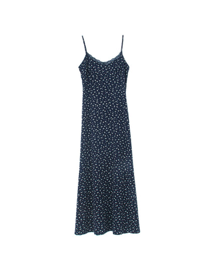 Vintage Floral Spaghetti Strap Lace-Trim Midi Dress