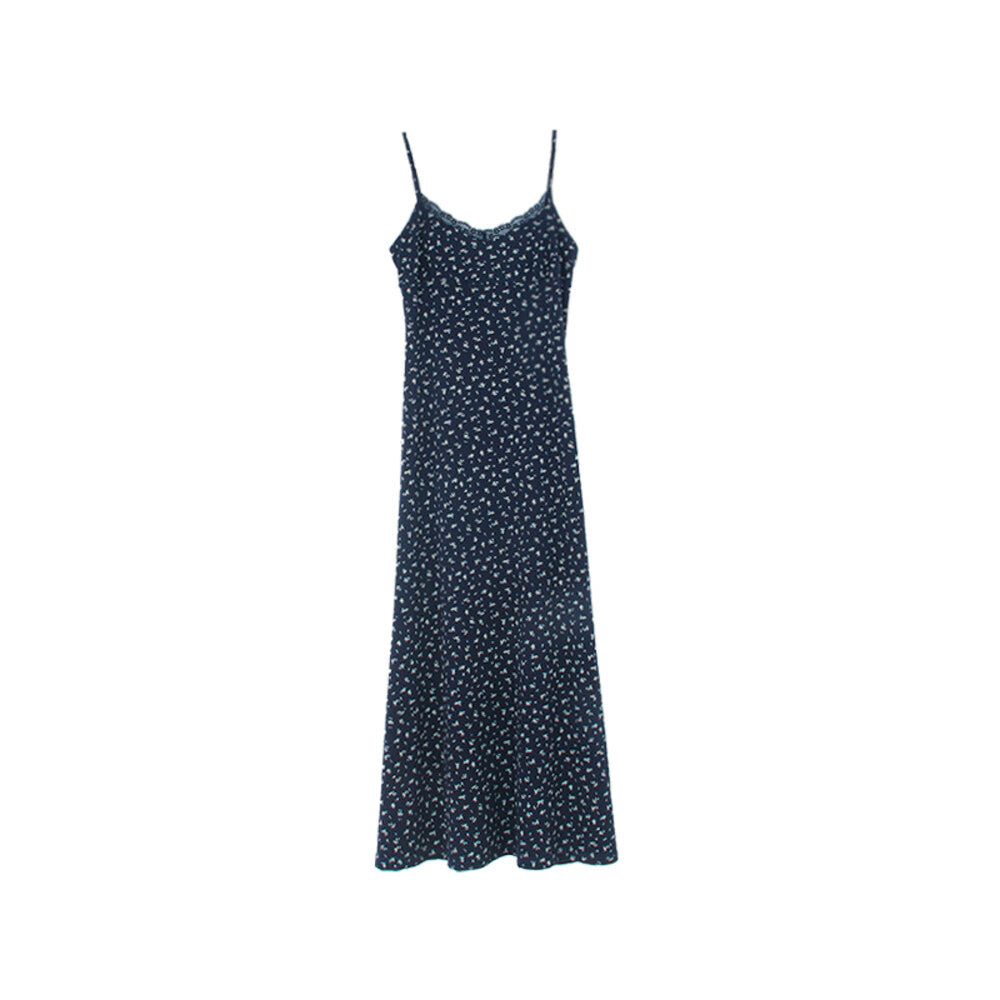 Vintage Floral Spaghetti Strap Lace-Trim Midi Dress