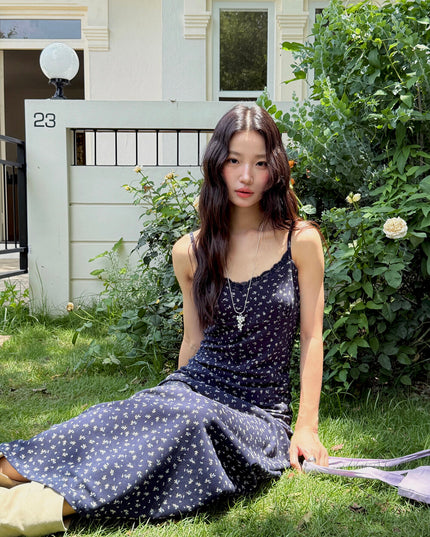 Vintage Floral Spaghetti Strap Lace-Trim Midi Dress