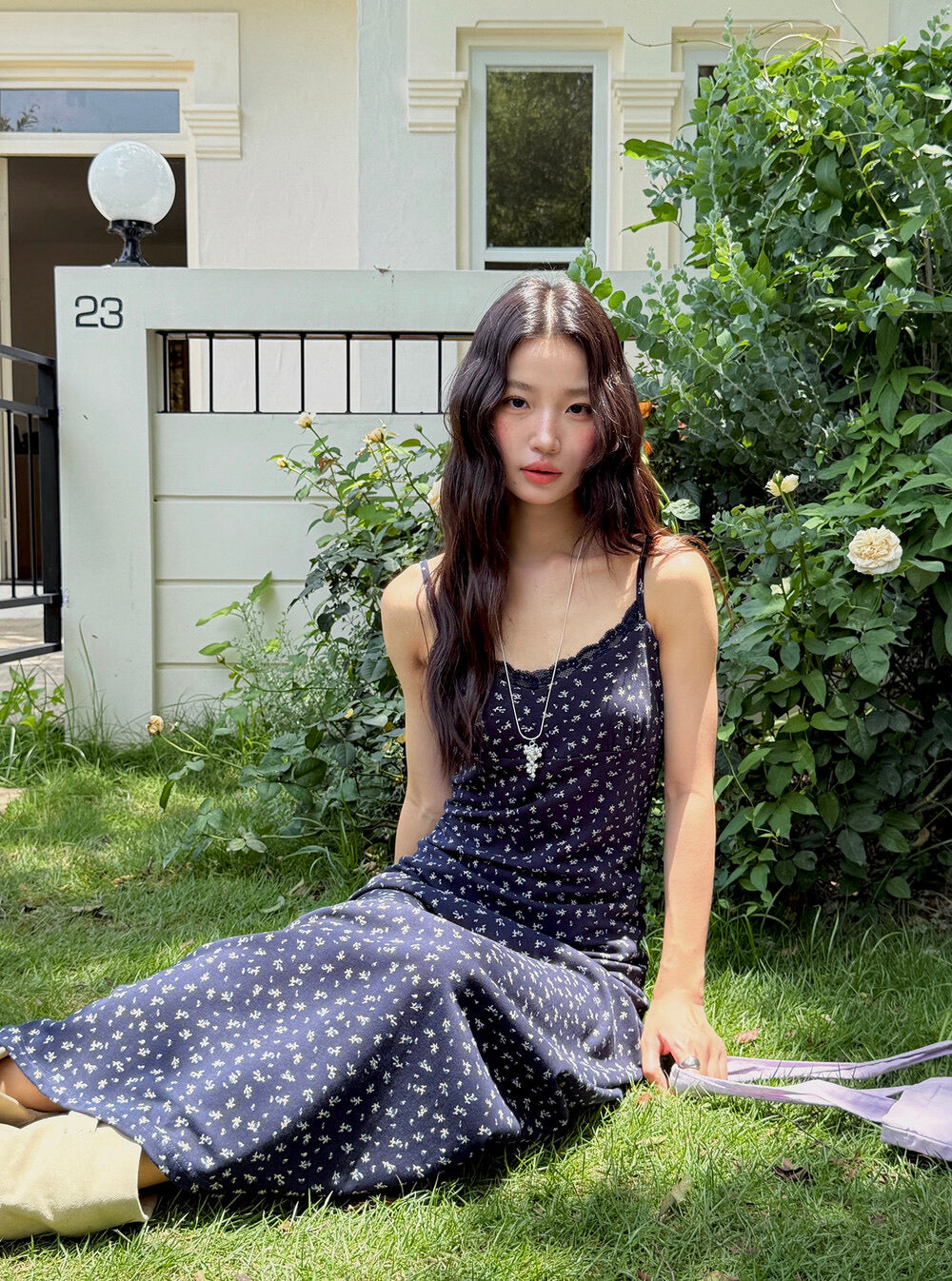 Vintage Floral Spaghetti Strap Lace-Trim Midi Dress
