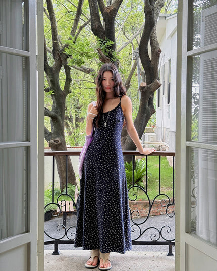 Vintage Floral Spaghetti Strap Lace-Trim Midi Dress