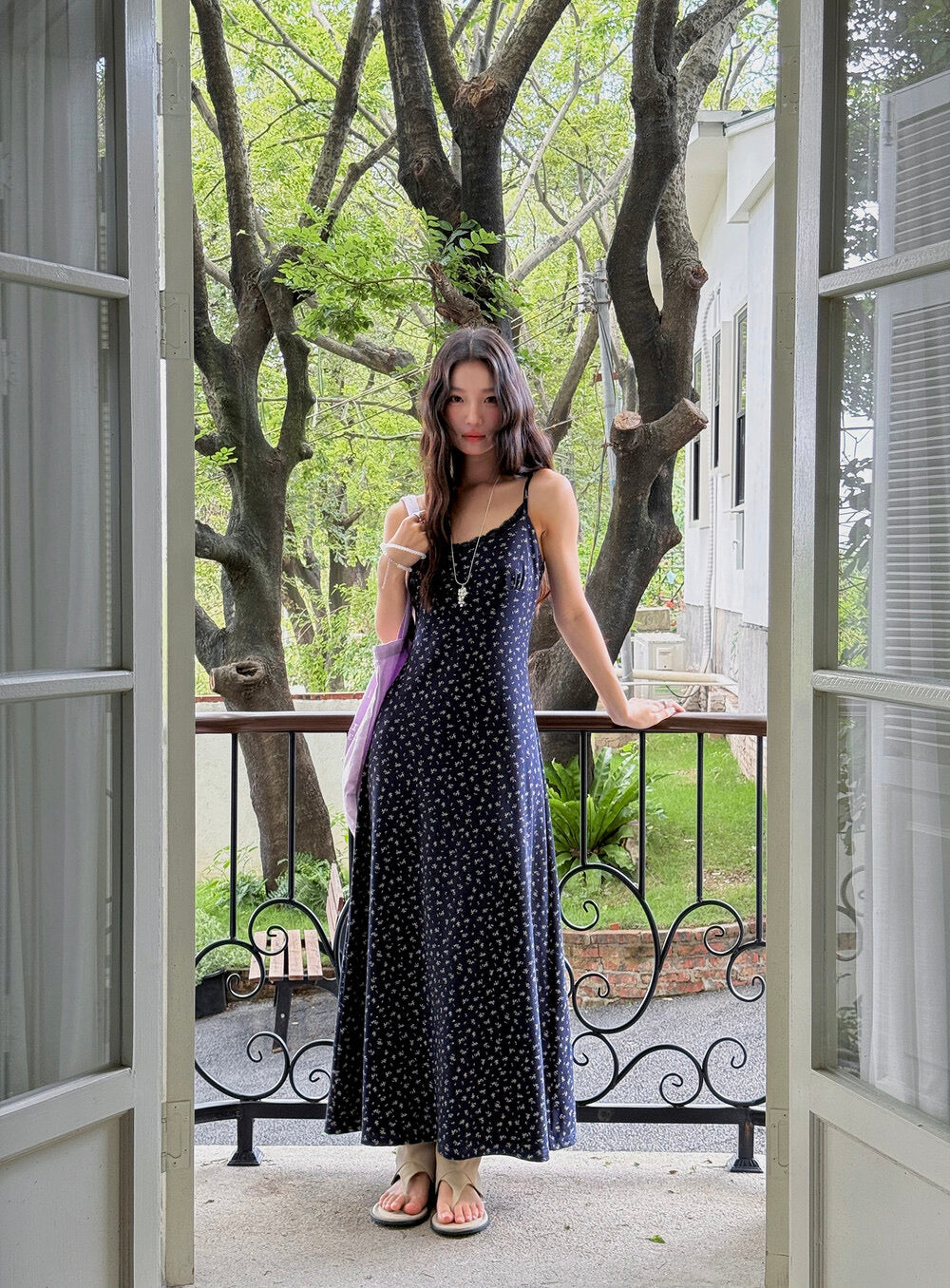 Vintage Floral Spaghetti Strap Lace-Trim Midi Dress