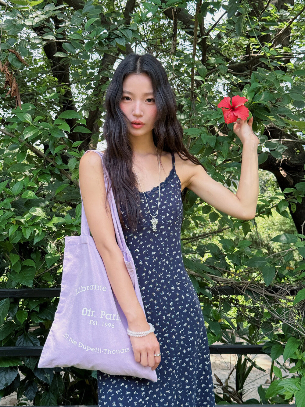 Vintage Floral Spaghetti Strap Lace-Trim Midi Dress