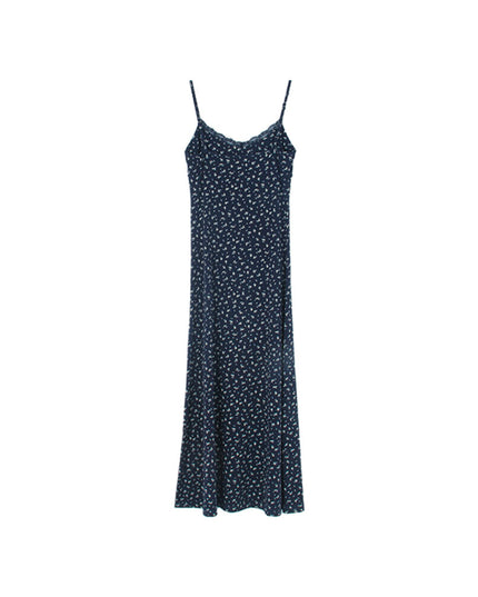 Vintage Floral Spaghetti Strap Lace-Trim Midi Dress