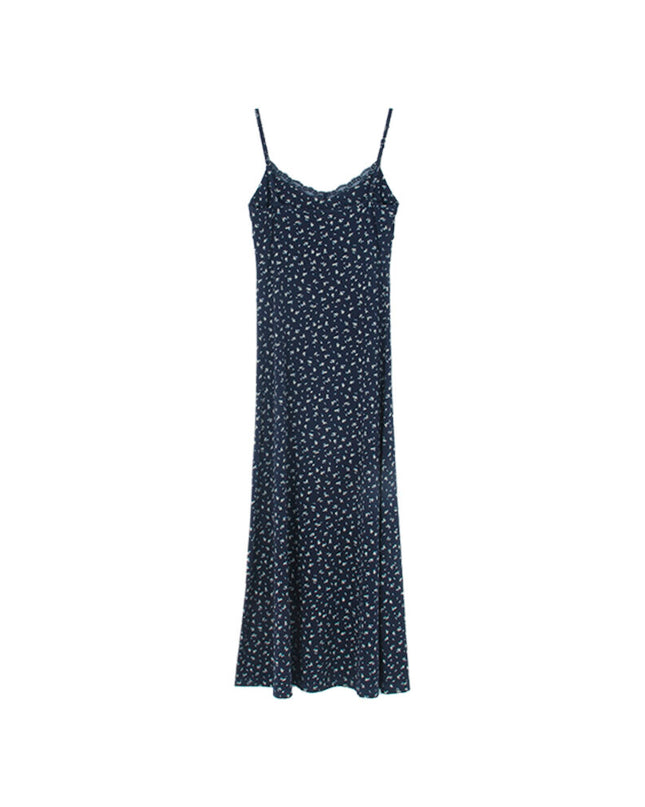 Vintage Floral Spaghetti Strap Lace-Trim Midi Dress