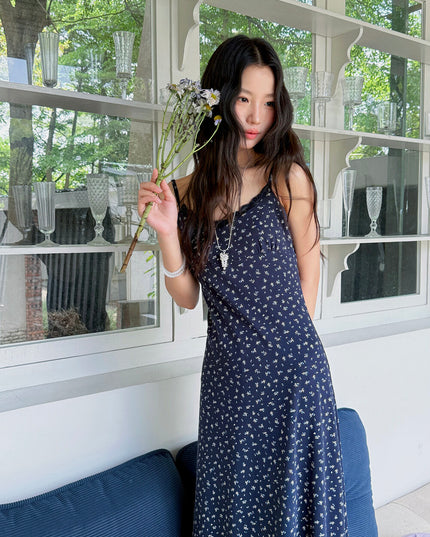 Vintage Floral Spaghetti Strap Lace-Trim Midi Dress
