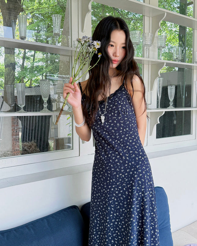 Vintage Floral Spaghetti Strap Lace-Trim Midi Dress