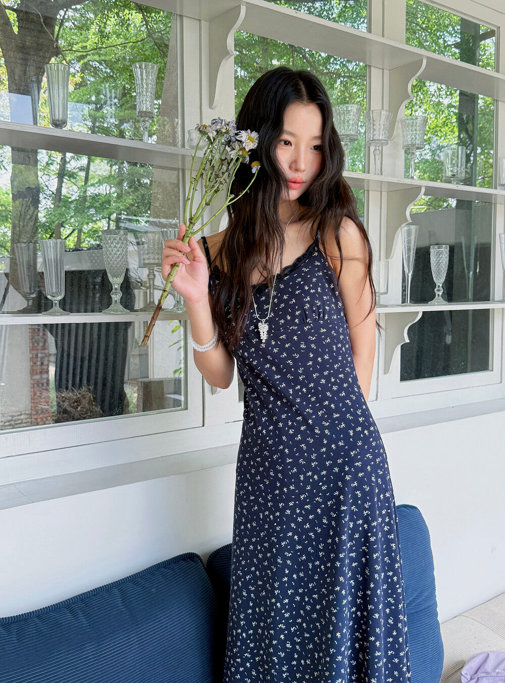 Vintage Floral Spaghetti Strap Lace-Trim Midi Dress