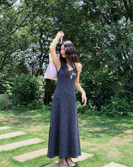 Vintage Floral Spaghetti Strap Lace-Trim Midi Dress