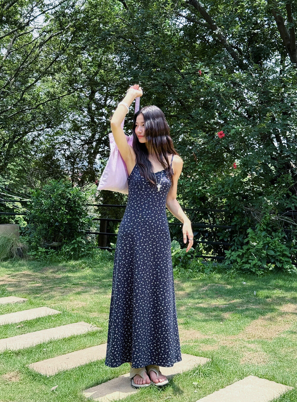 Vintage Floral Spaghetti Strap Lace-Trim Midi Dress