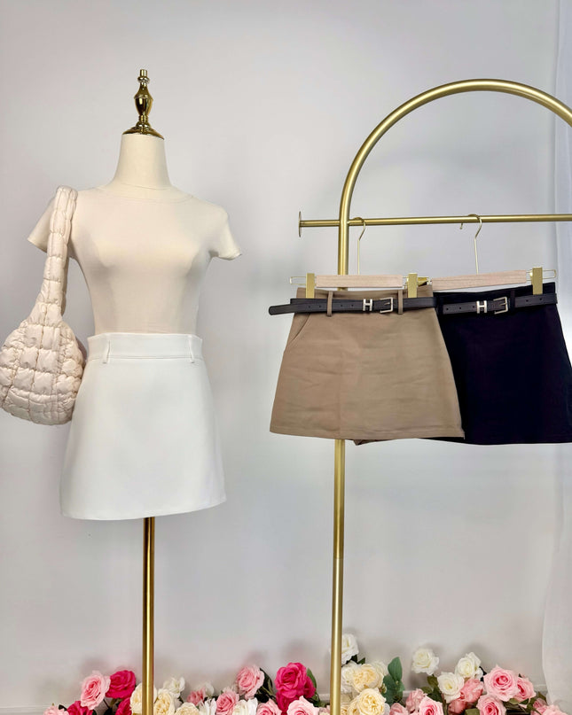 Classic High Waist A-Line Side Zipper Skort (With Belt)