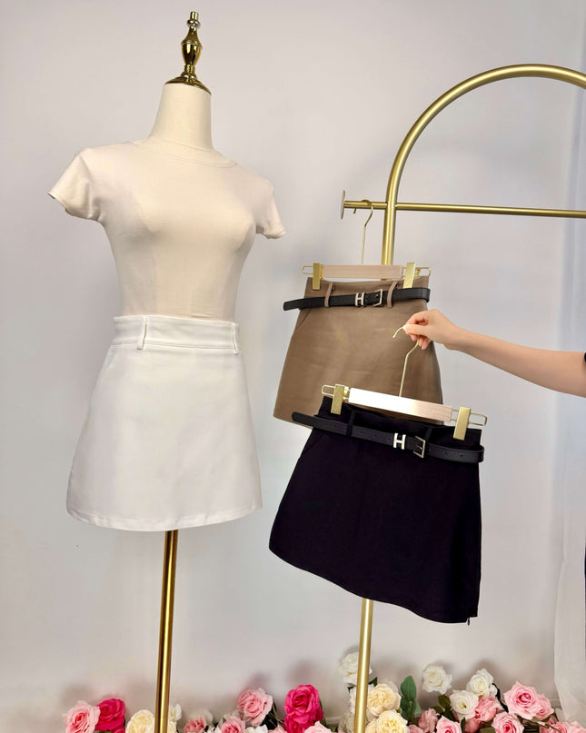 Classic High Waist A-Line Side Zipper Skort (With Belt)