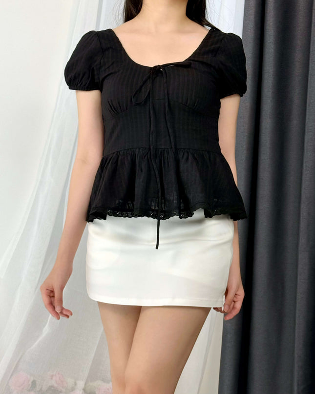 French Ruffle Puff Sleeve Slim-Fit Crop Top