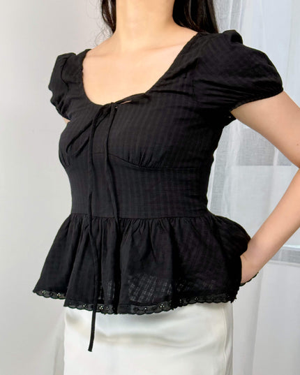 French Ruffle Puff Sleeve Slim-Fit Crop Top