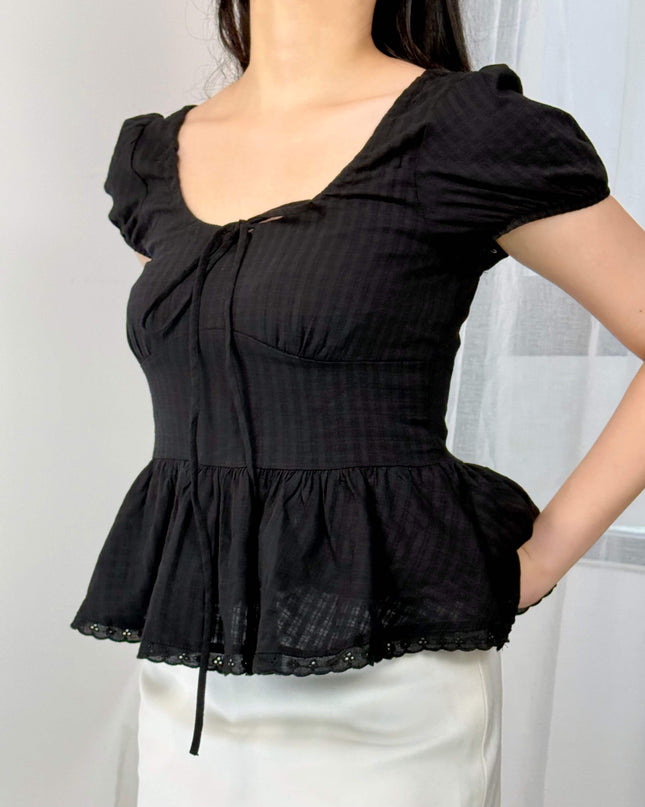 French Ruffle Puff Sleeve Slim-Fit Crop Top