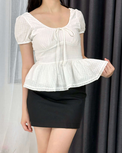French Ruffle Puff Sleeve Slim-Fit Crop Top