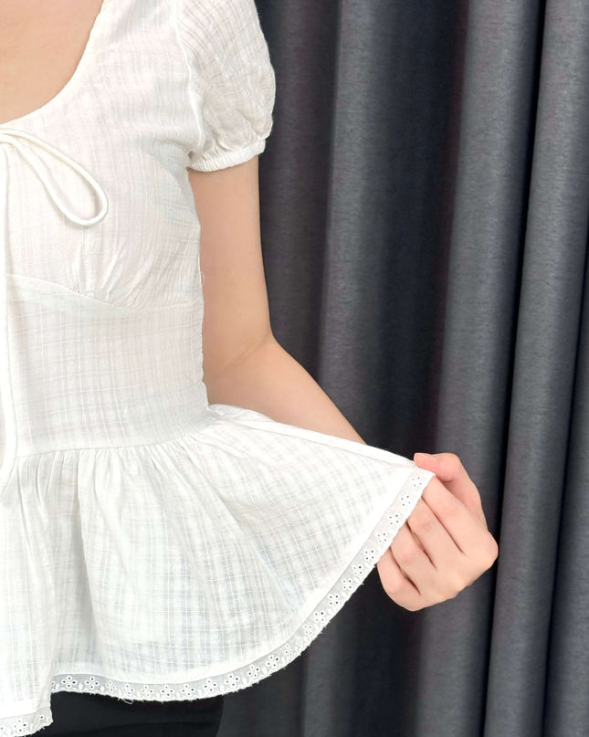 French Ruffle Puff Sleeve Slim-Fit Crop Top