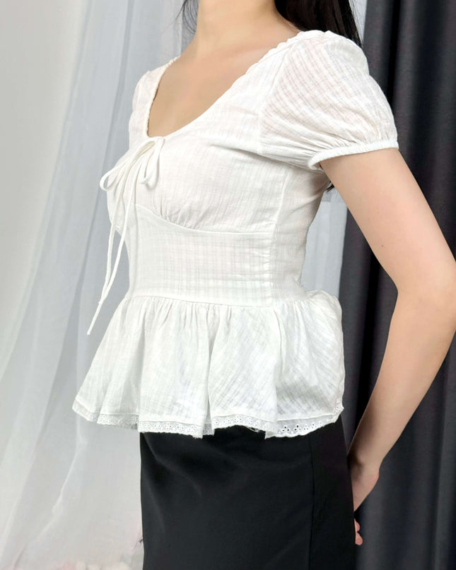 French Ruffle Puff Sleeve Slim-Fit Crop Top