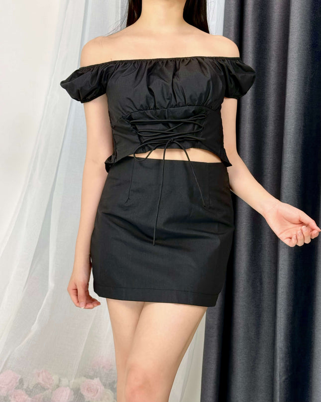 Puff Sleeve Tie-Front Crop Top + Mini Skirt Set
