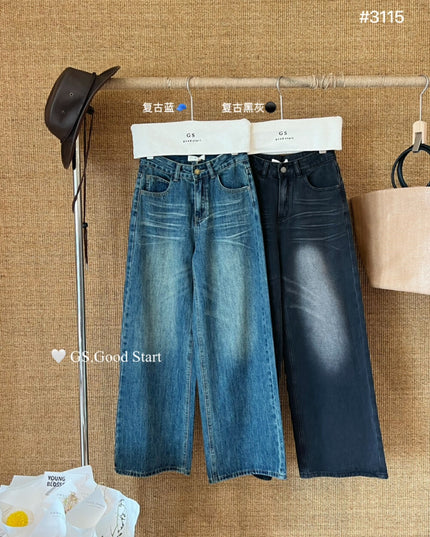 GS.GOOD START Retro Cat-Scratch Wash Straight-Leg Jeans