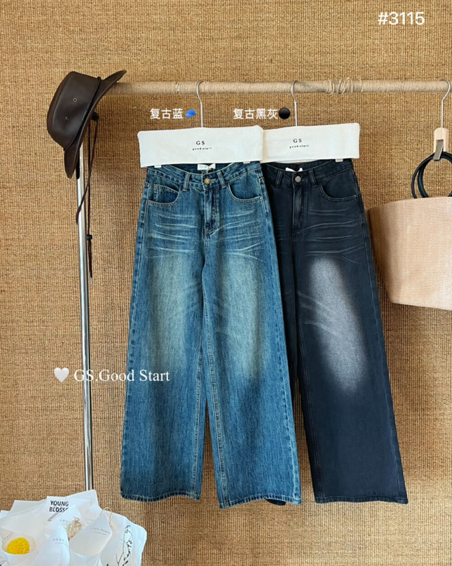 GS.GOOD START Retro Cat-Scratch Wash Straight-Leg Jeans
