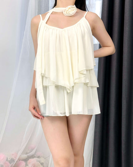 WGWE Soft Asymmetrical Floral Strap Top with Flowing Tie