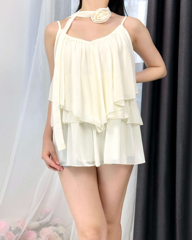 WGWE Soft Asymmetrical Floral Strap Top with Flowing Tie