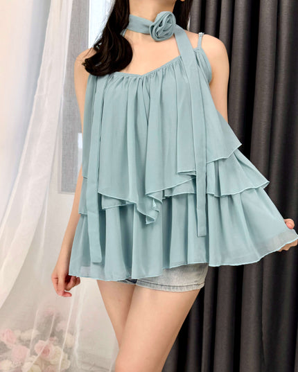 WGWE Soft Asymmetrical Floral Strap Top with Flowing Tie