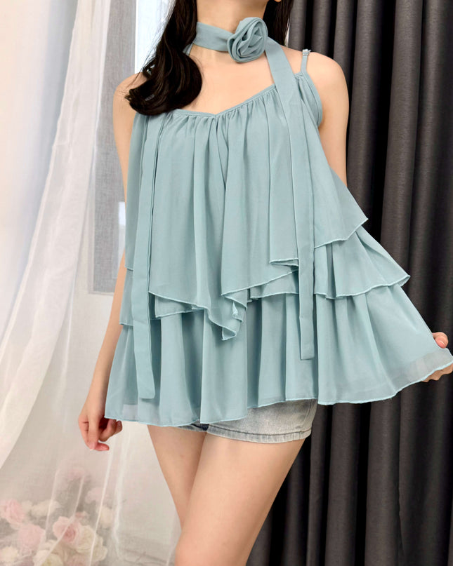 WGWE Soft Asymmetrical Floral Strap Top with Flowing Tie