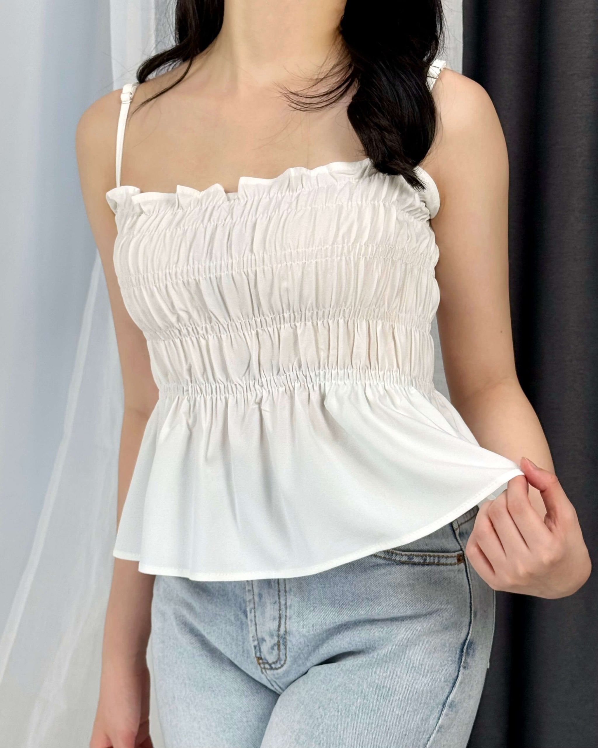 WGWE Pure Desire Pleated Ruffle Sleeveless Crop Top