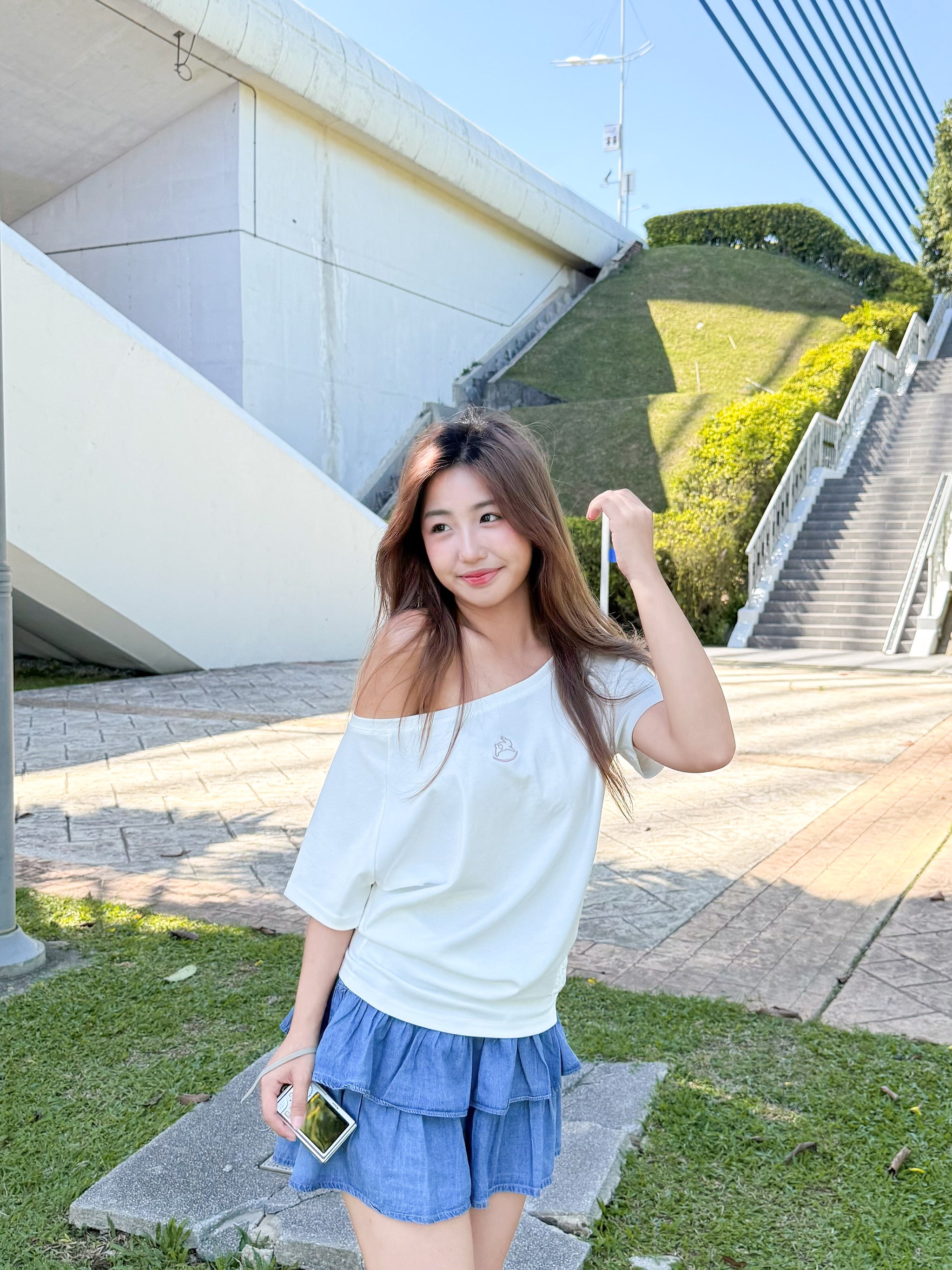 JoyDion Daisy Embroidered Bunny Off-Shoulder Tee