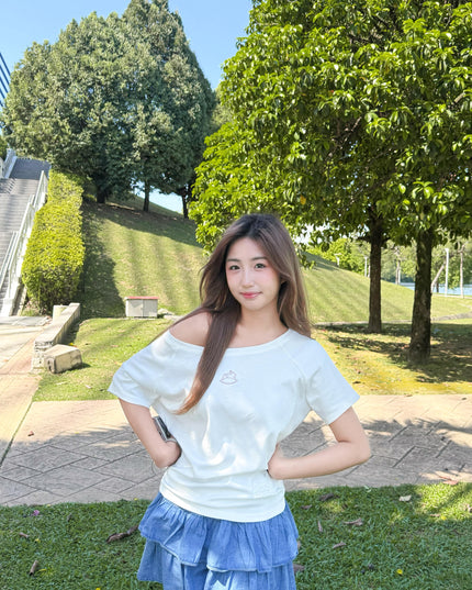JoyDion Daisy Embroidered Bunny Off-Shoulder Tee