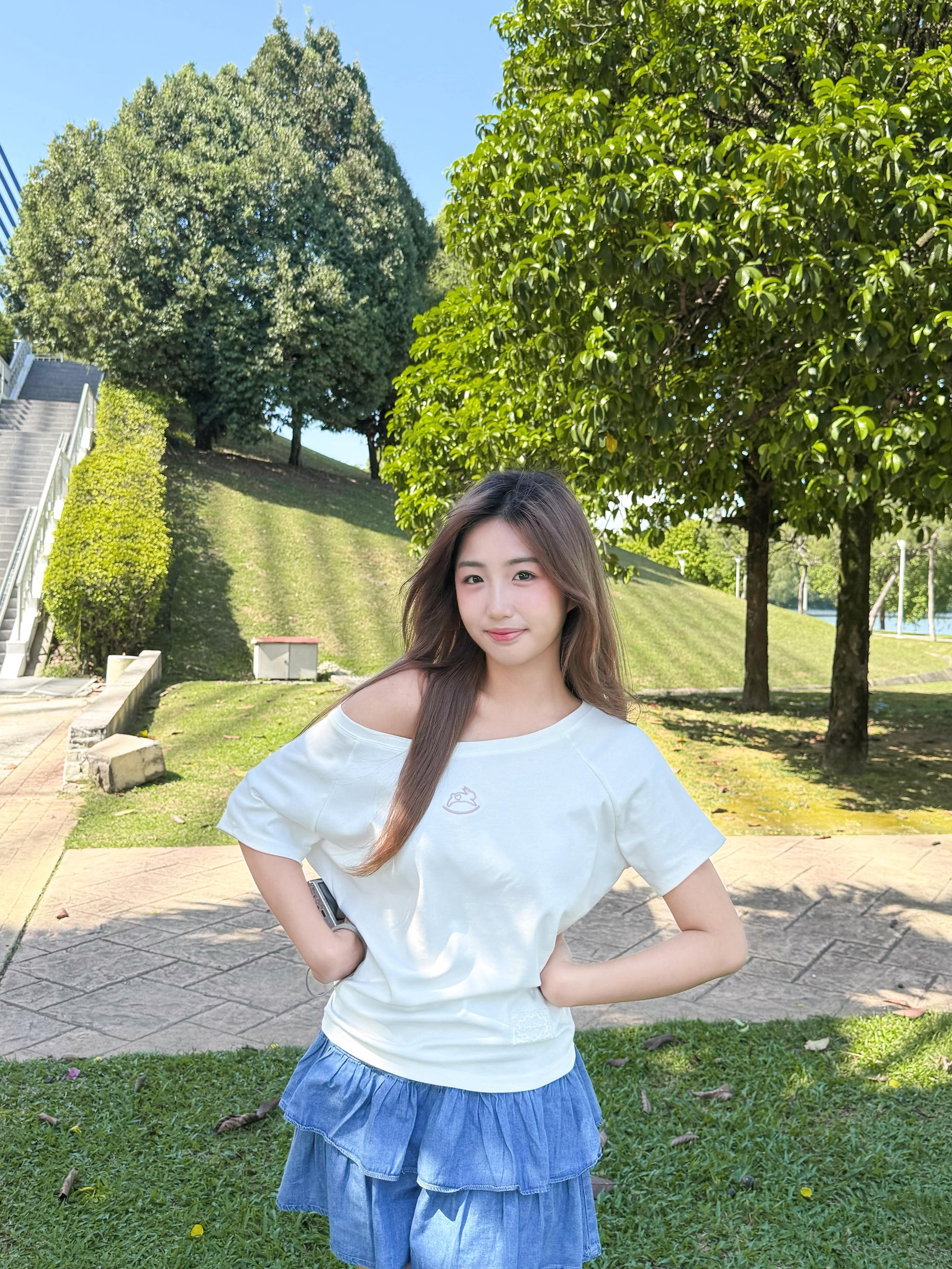 JoyDion Daisy Embroidered Bunny Off-Shoulder Tee