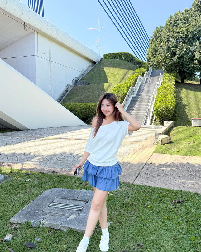 JoyDion Daisy Embroidered Bunny Off-Shoulder Tee