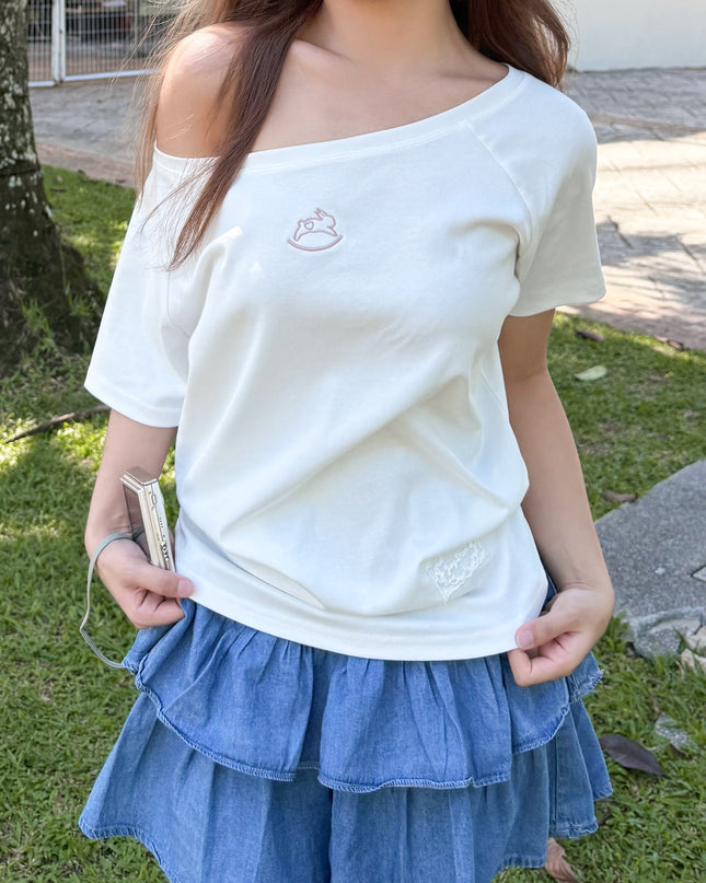 JoyDion Daisy Embroidered Bunny Off-Shoulder Tee