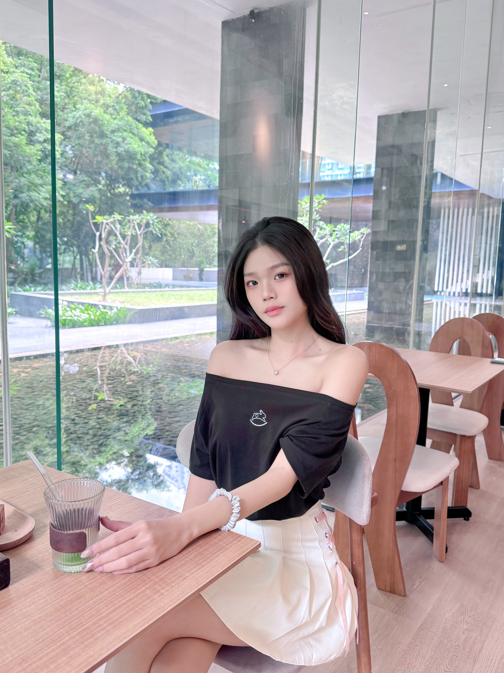 JoyDion Daisy Embroidered Bunny Off-Shoulder Tee